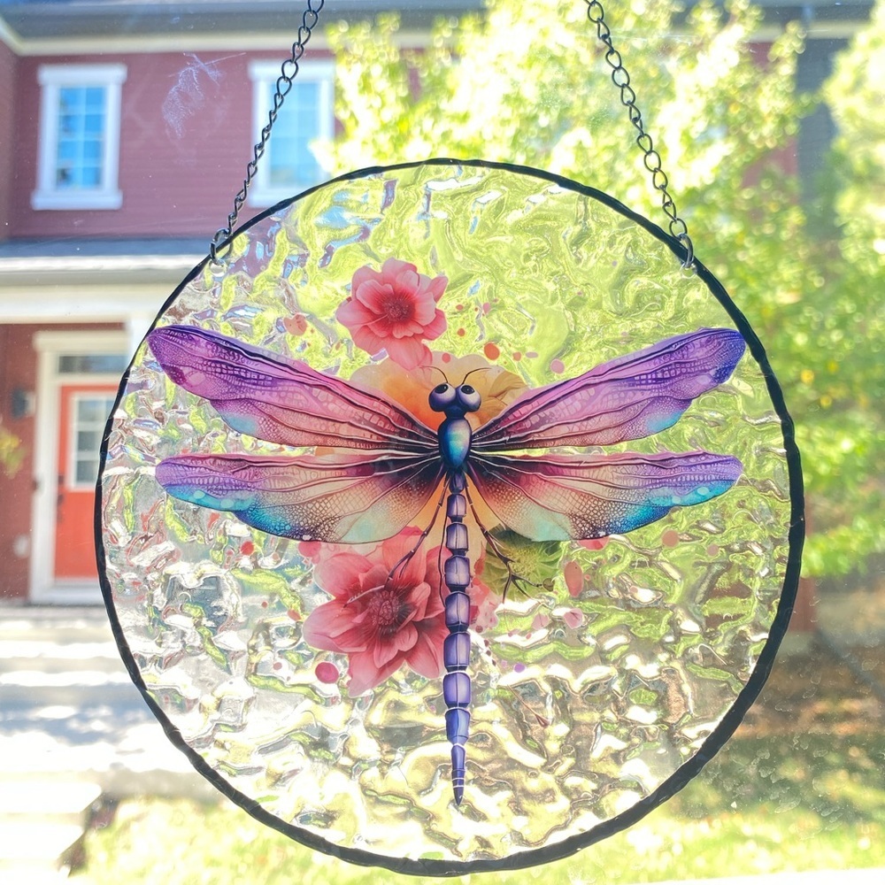 - 🌼2 for $25🌼pink dragonfly hanging acrylic window disk, suncatcher